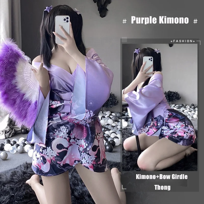 3Pcs Japanese Kimono Women Sexy Cosplay Uniform Soft Silk Bow Belt Purple Pink Traditional Style Costumes Pajamas Perspective