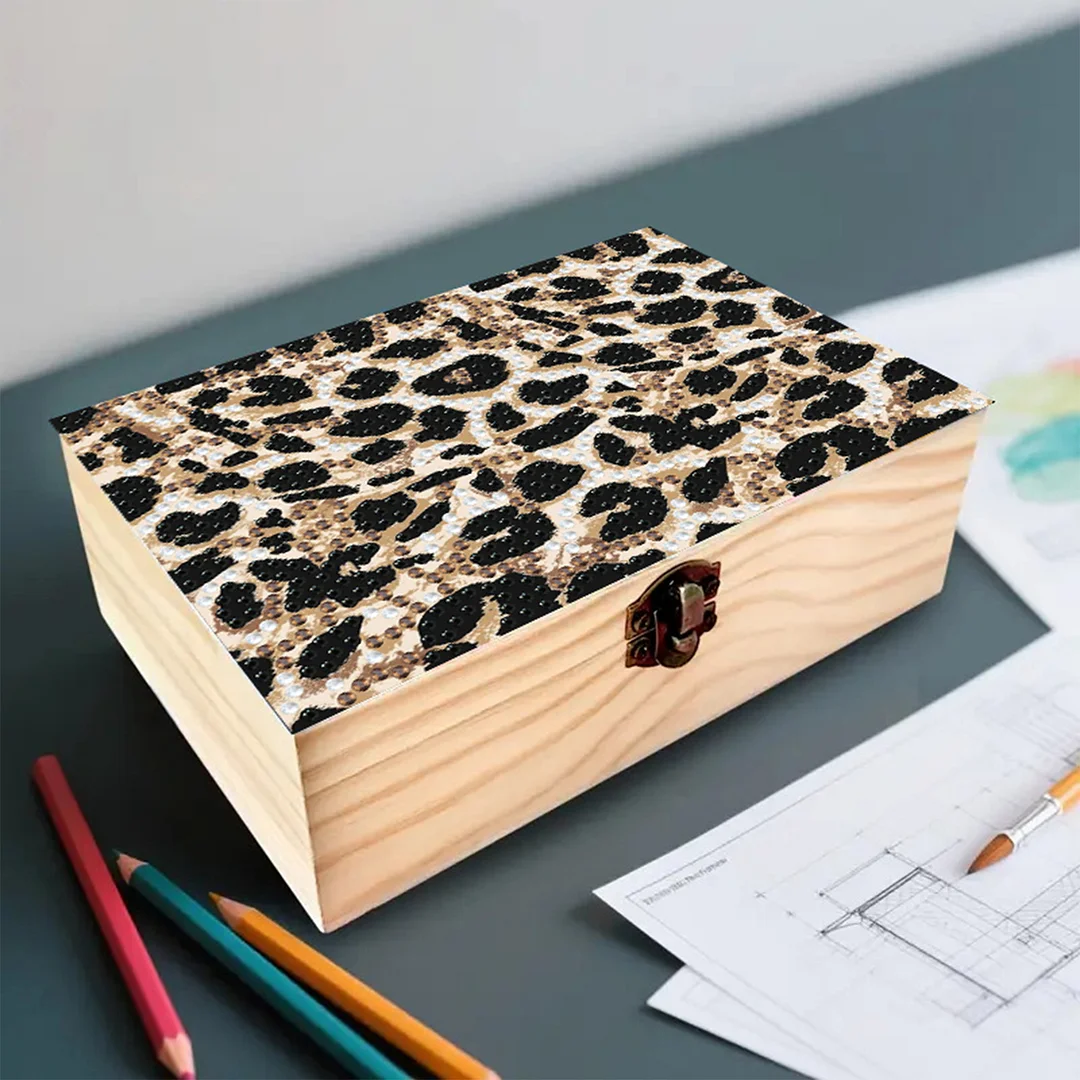 5D DIY Diamond Painting Handmade Wood Storage Box for Home Decor (Leopard Print)