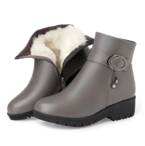 GKTINOO Snow Boots Soft Leather Women's Shoes Mother Ladies Female Winter Wool Fur Wedges Warm Boots Plus Size 35-43