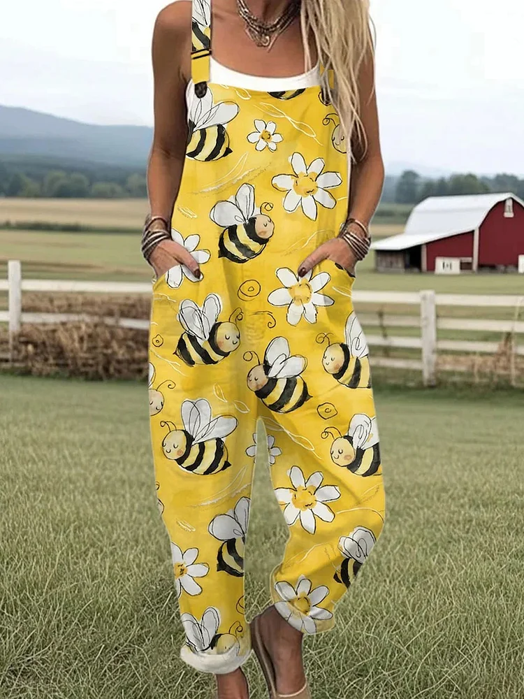 Women's Vintage Bee Floral Art Print Casual Cotton Wide Leg Jumpsuit