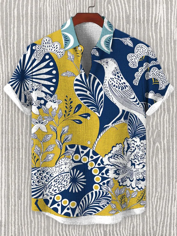 Men's Flower And Bird Pattern Art Print Linen Blend Shirt