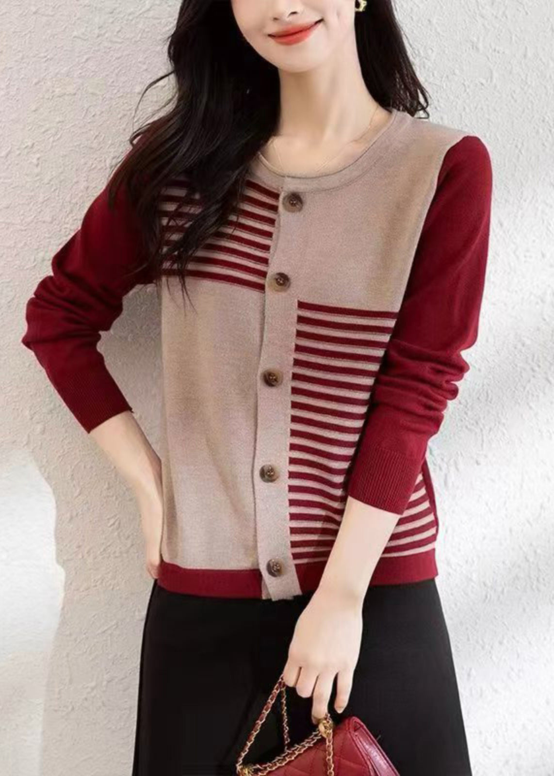 VCSHOES Red O Neck Button Patchwork Knit Cardigans Fall