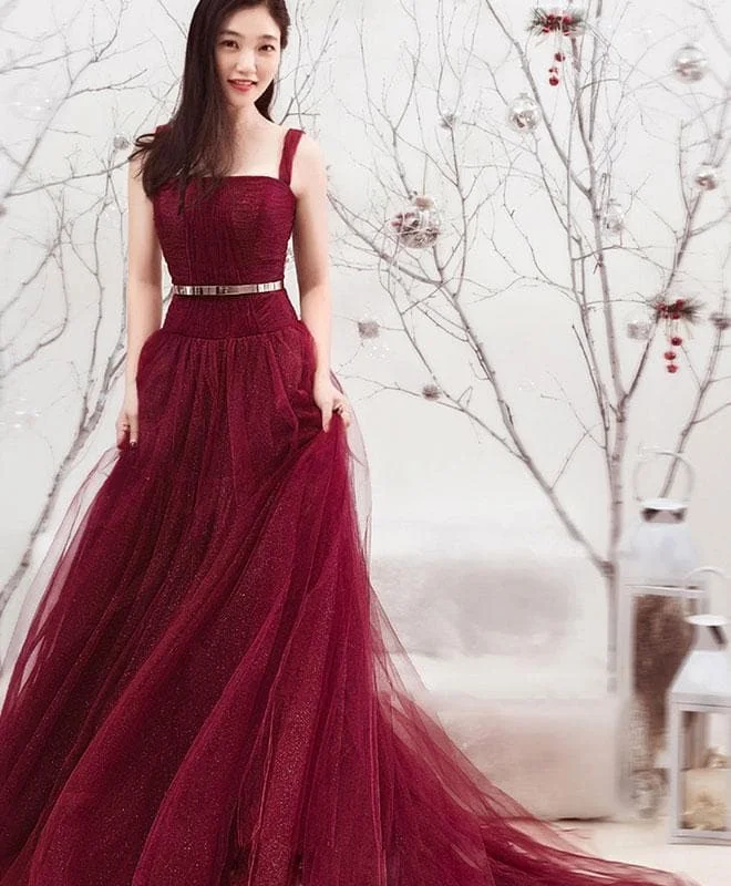 Burgundy Tulle Long Prom Dress, Formal Dress 456