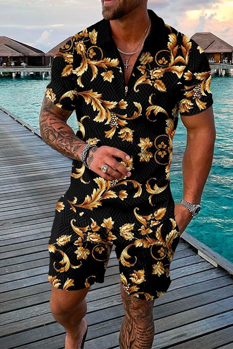 Tiboyz Vintage Outfits Floral Print Short Sleeve Polo And Shorts Set