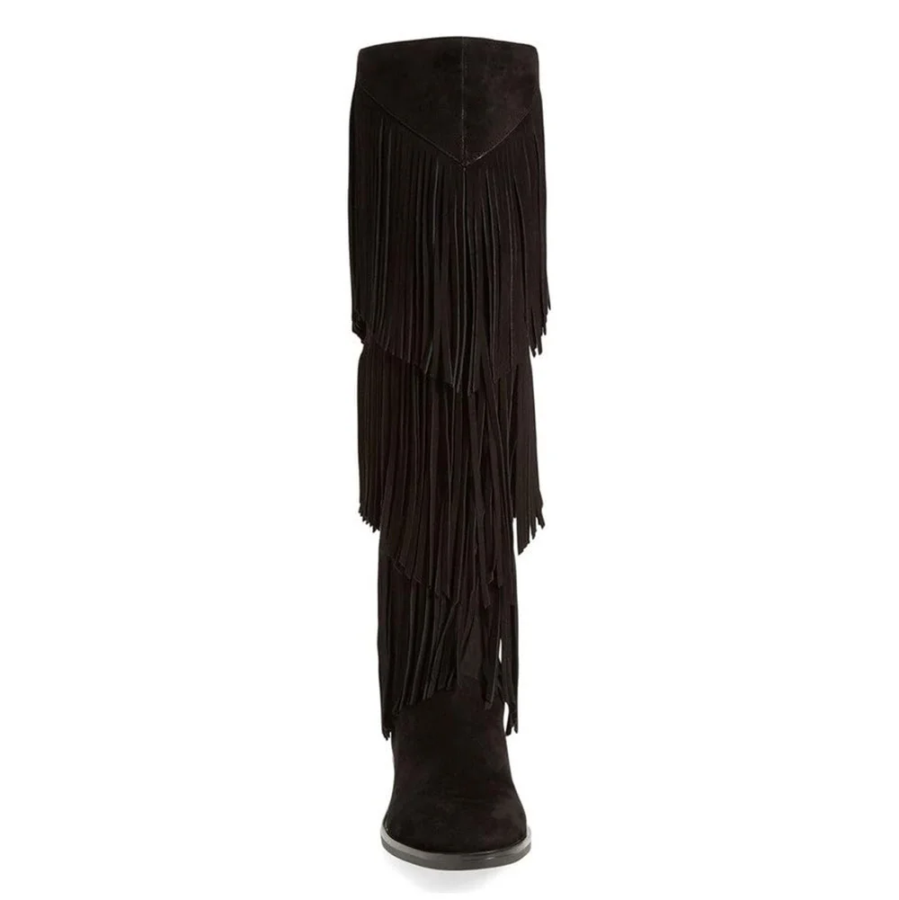 Black Round Toe Low Heel Knee High Boots for Women with Fringe