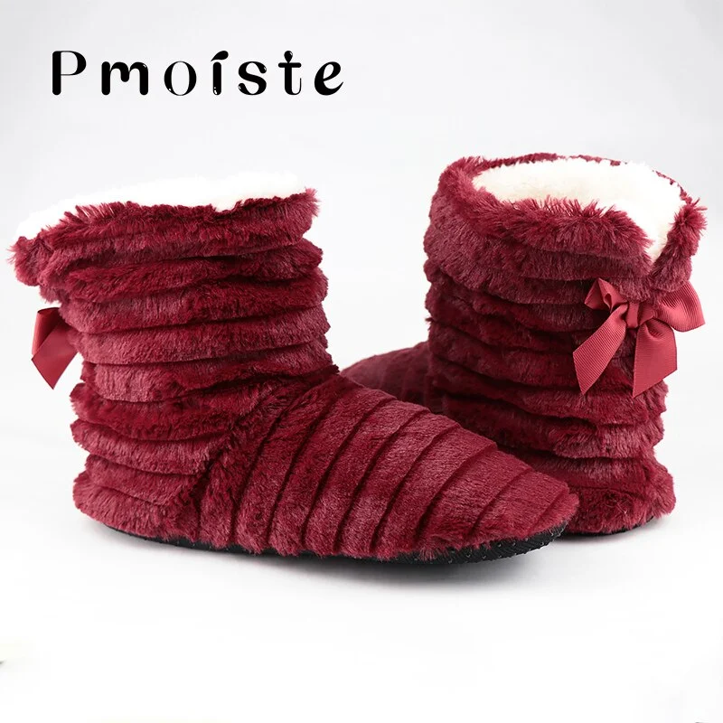 Butterfly Knot Fur Slippers Women Winter Plush Warm Flat with Soft Home Shoes For Girl Solid Indoor Slippers 6 Colors