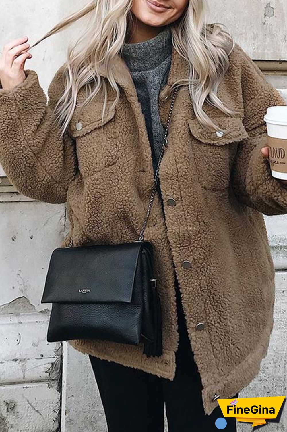 Button Lapel Long Sleeve Plush Coat