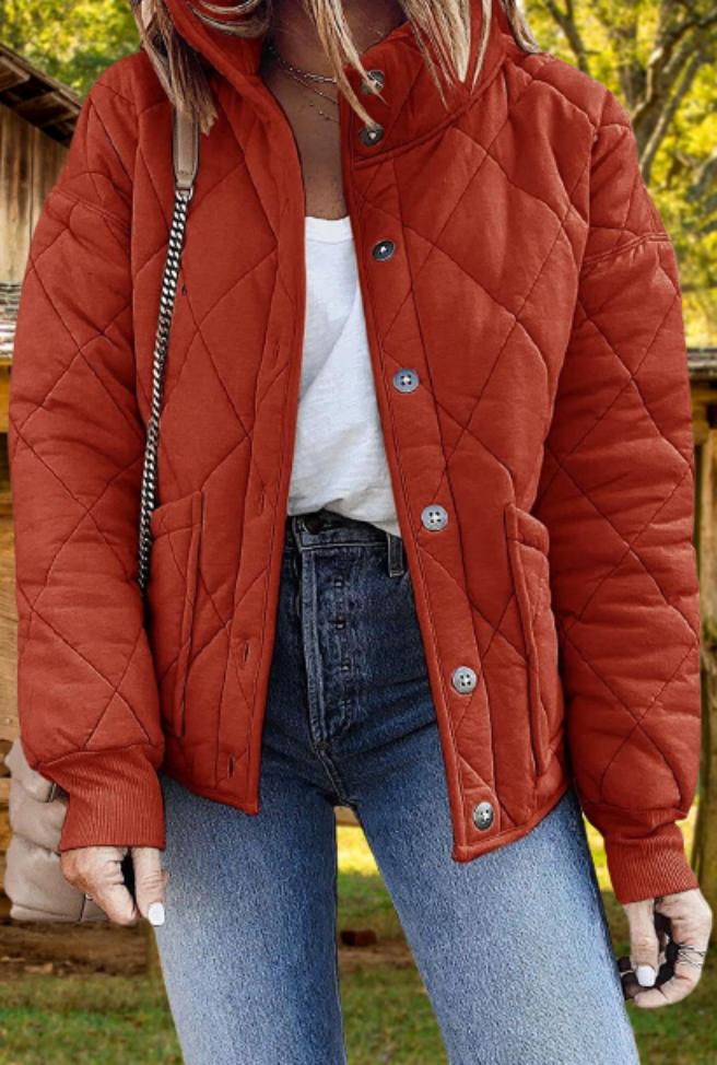 Rotimia Women's Quilted Jacket Casual Stand Collar Button Coat