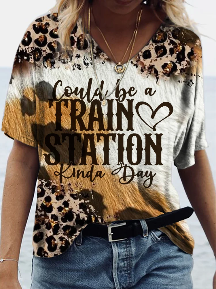 Western Train Station Leopard V Neck T Shirt