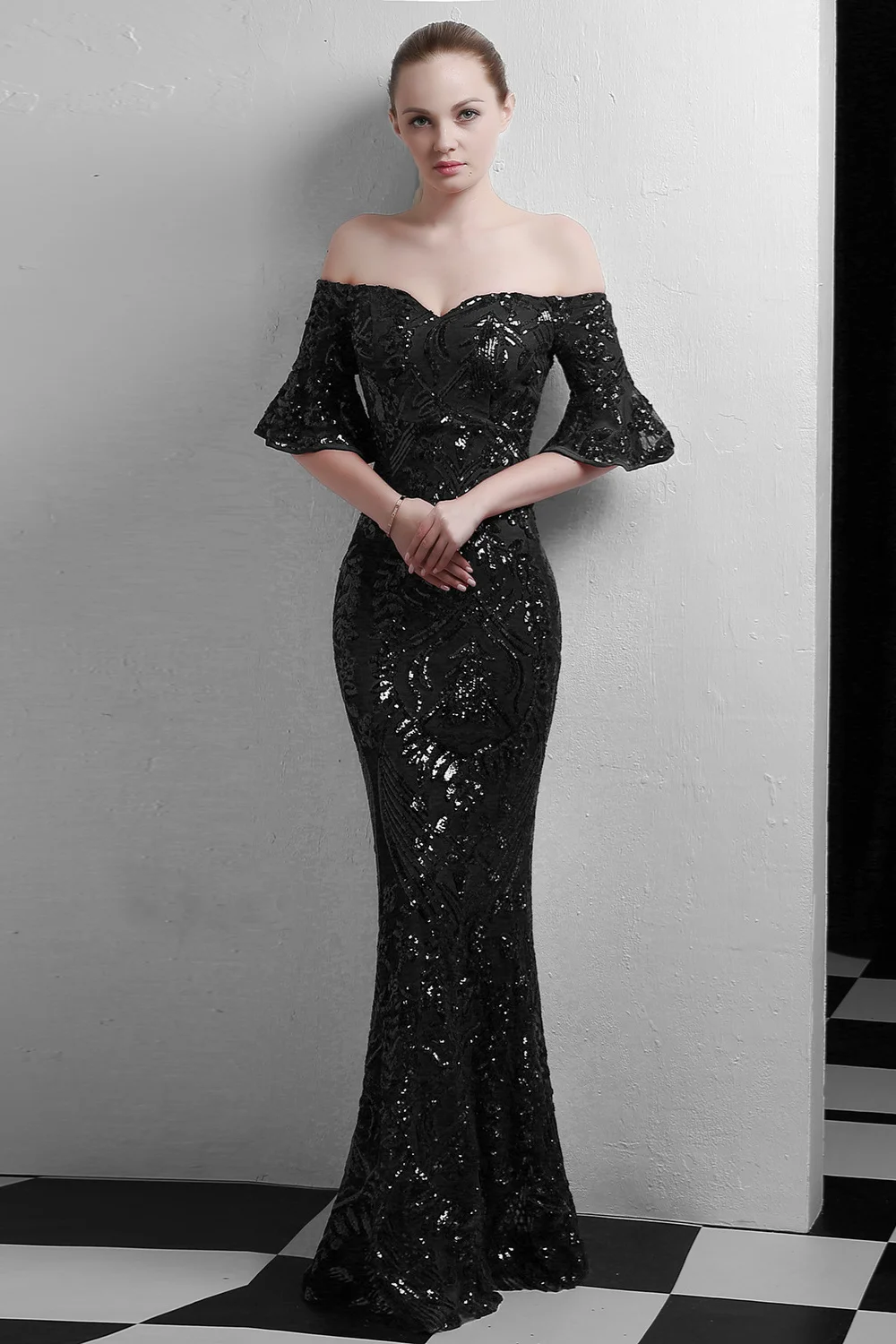 Amazing Off-the-Shoulder Sequins Evening Dress Mermaid With Ruffle Sleeves YE0120 - lulusllly