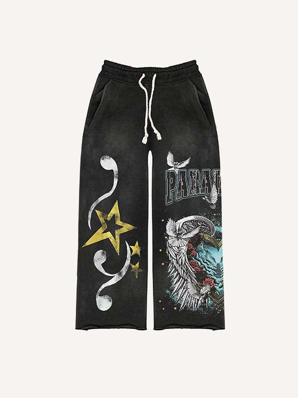 Pigeon&Letter&Heart&Wing&&FloralGraphic Print Elastic Waist Pants