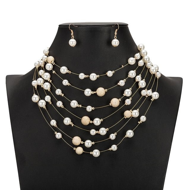YOY-New Fashion Gold Multi Layer Chains Imitation Pearl Jewelry Sets