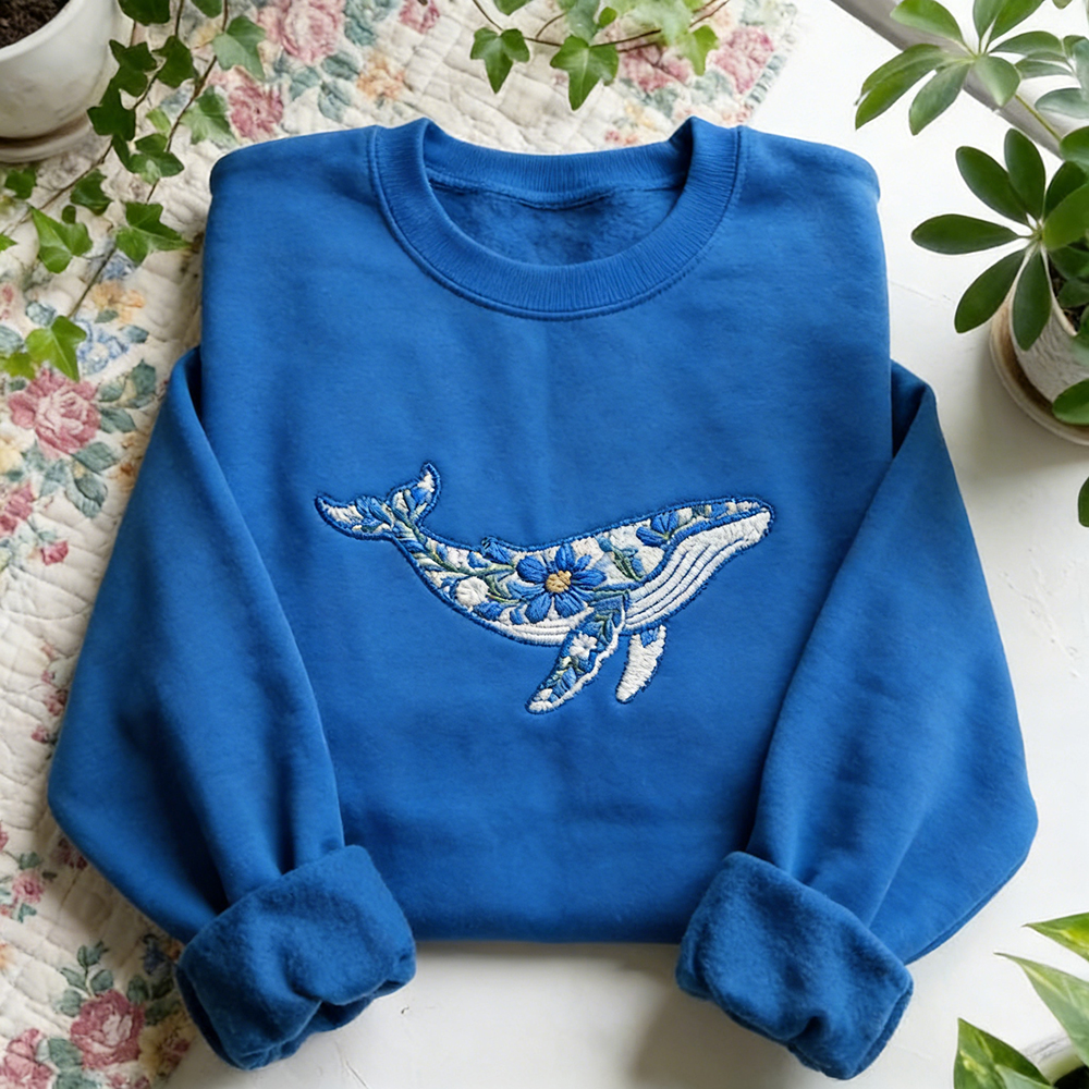 Vintage Floral Whale Art Round Neck Cozy Sweatshirt wearshes