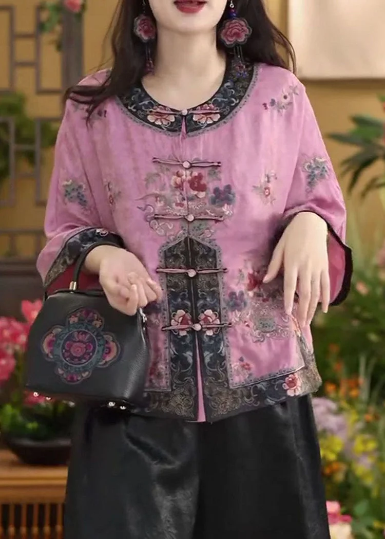Chinese Style Pink O-Neck Oriental Button Cotton Shirt Tops Summer