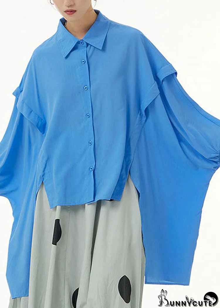 Diy Blue Asymmetrical Patchwork Cotton Shirts Batwing Sleeve