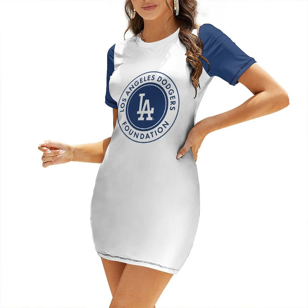 Women Short  Sleeve O-neck Casual Sports Mini Dress in Pattern Blue, Striped