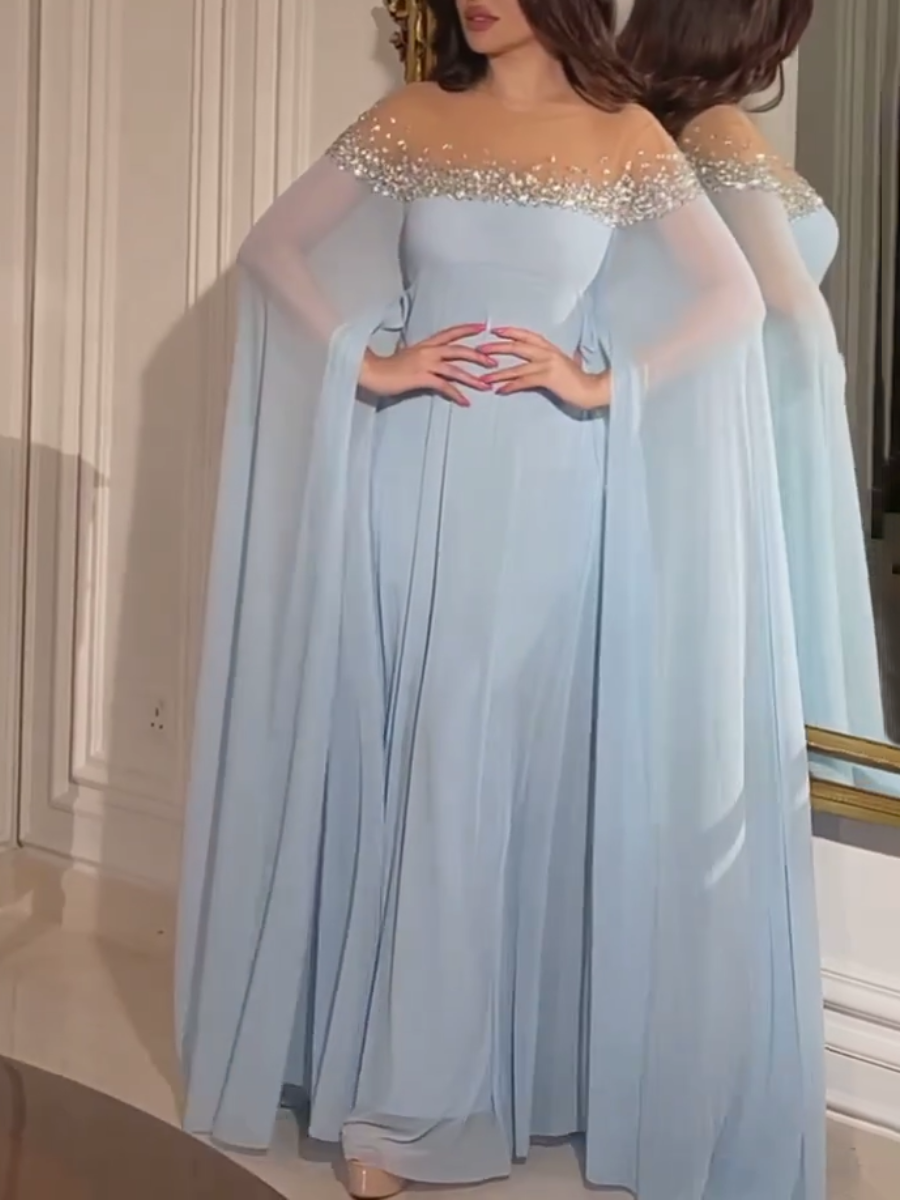 Rhinestone Detail Cape Sleeve Long Elegant Dress | Oxredo Shop Ramadan Sale