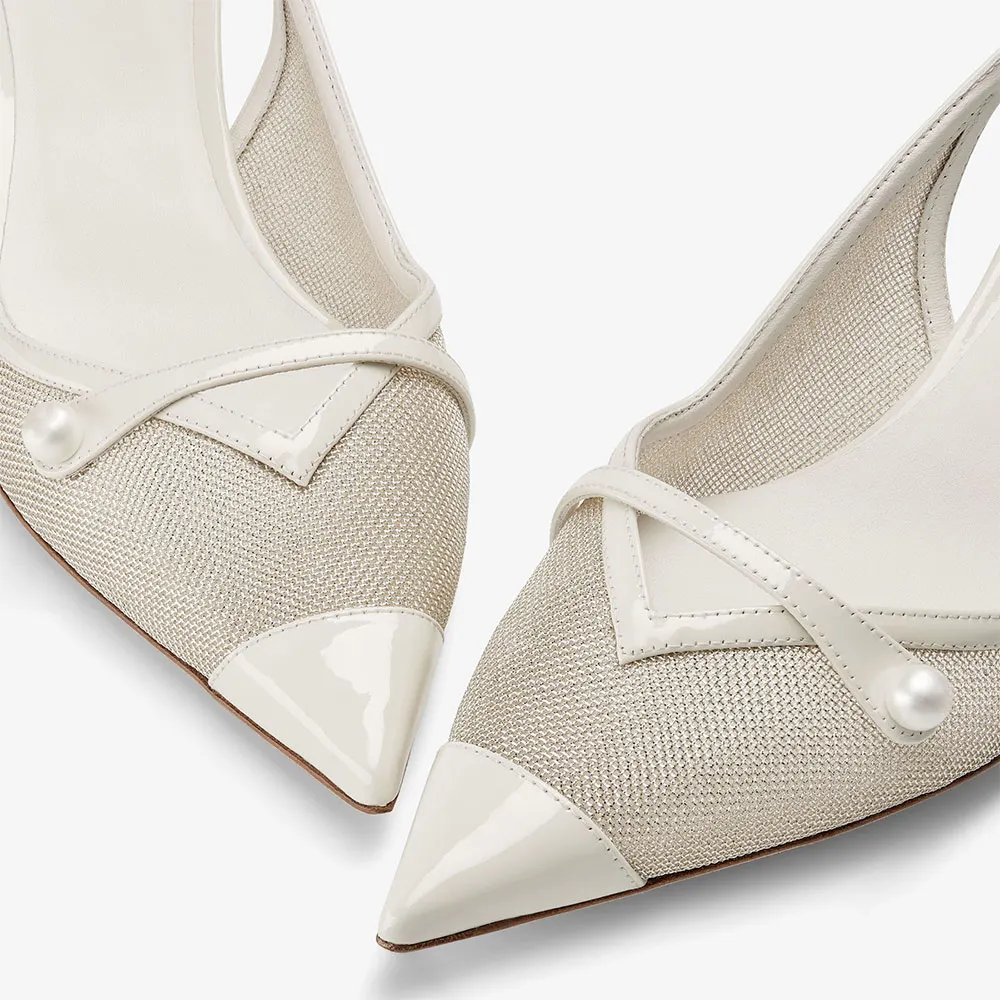 White Patent Leather & Mesh Pointed Toe Slingback Kitten Heel Pumps