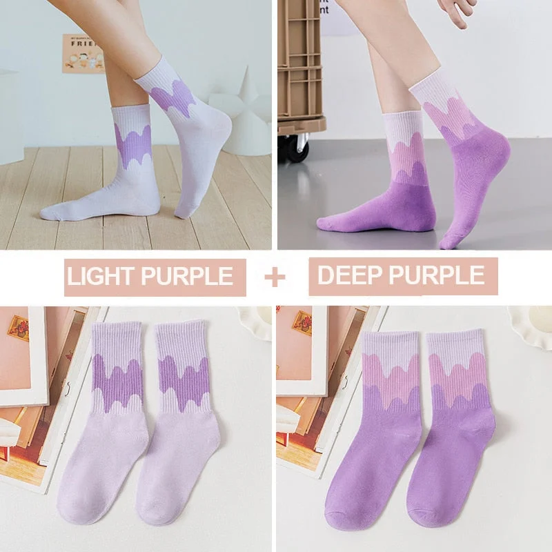 FINETOO 2Pairs/lot Women Midi Tube Socks Female Autumn Winter Candy Colors Korean Japanese Stitching Cotton Girls Graffiti Sock