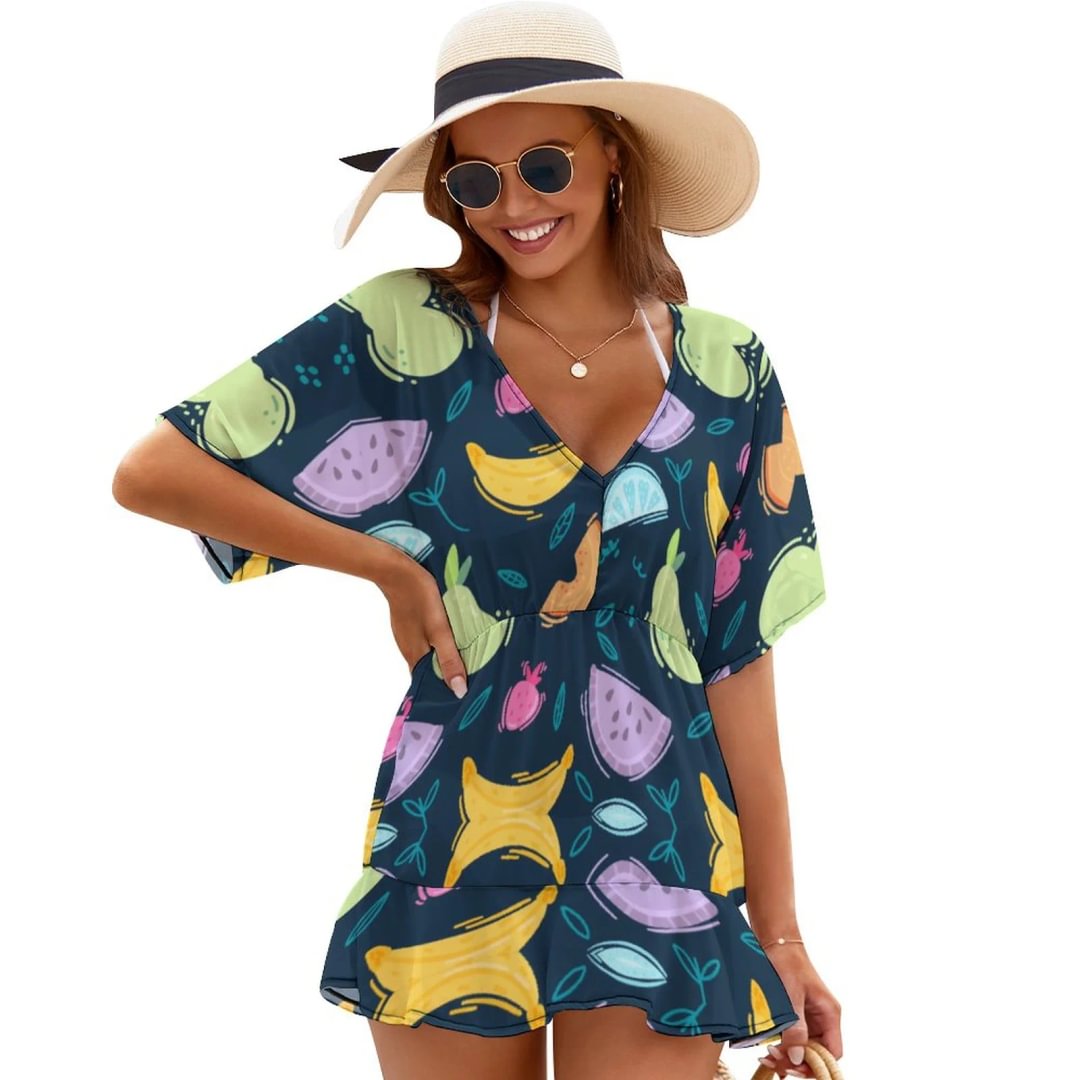 Fruits Pattern Summer Beach Chiffon Mini Cover Up Dress