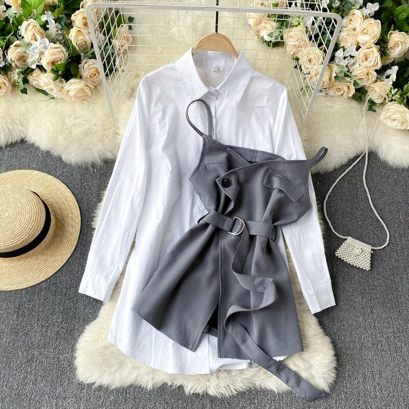 FTLZZ Summer New Arrival Office Ladies Long Sleeve White Shirt Retro Shirt Dress Sling Outside with Belt Slim Two-piece Suit