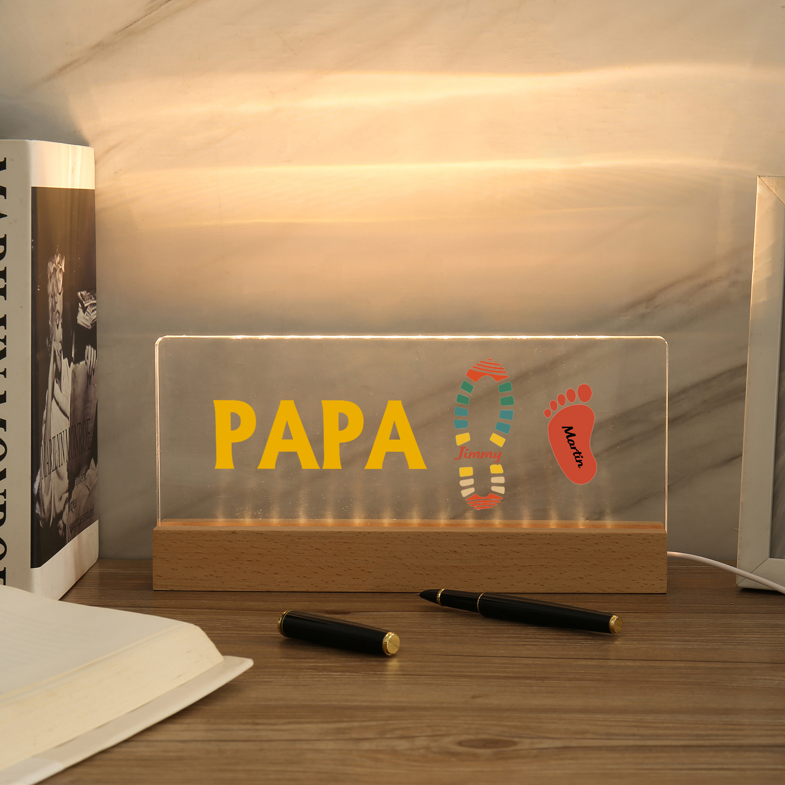 À mon Papa/Papi- Lampe de chevet LED Pieds Bébé 2 Prénoms Personnalisés avec Texte