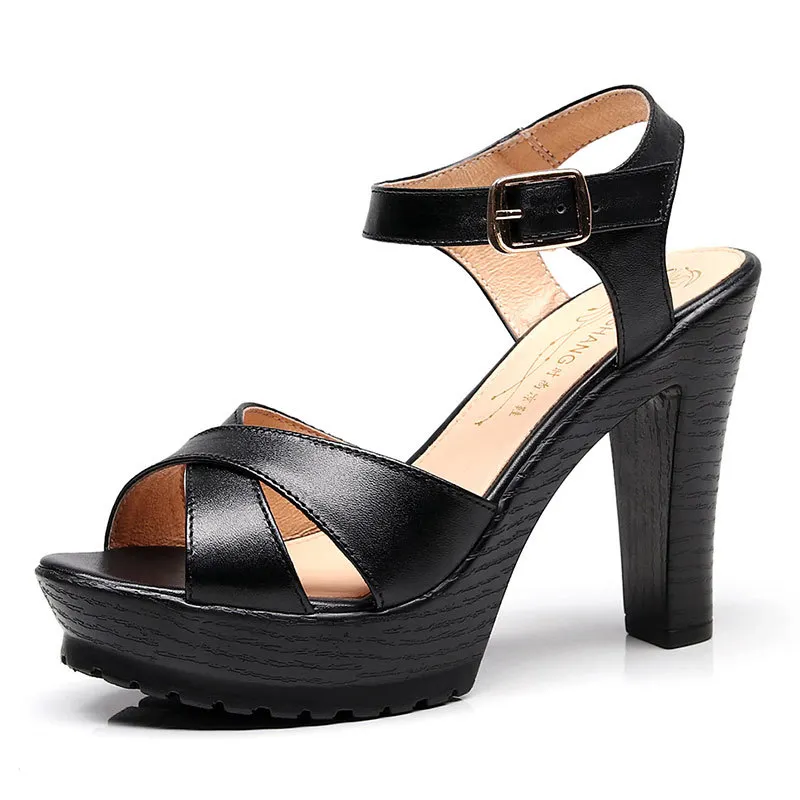 Breakj Breakj Show Artifact Model High Heel Sandals Leather Thick Heel Waterproof Counter 11Cm Cross-Band Hollow Performance Sandals Women Summer
