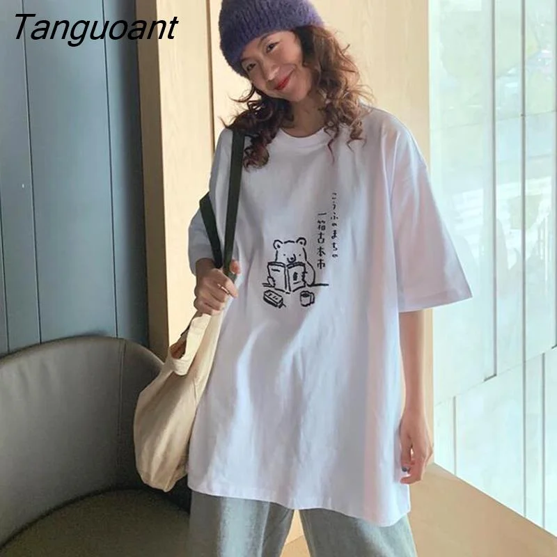 Tanguoant Sleeve T-shirts Women Sweet Graphic Tshirts Harajuku High Street Loose Tops Cartoon O-neck Printed Ulzzang Students Trendy