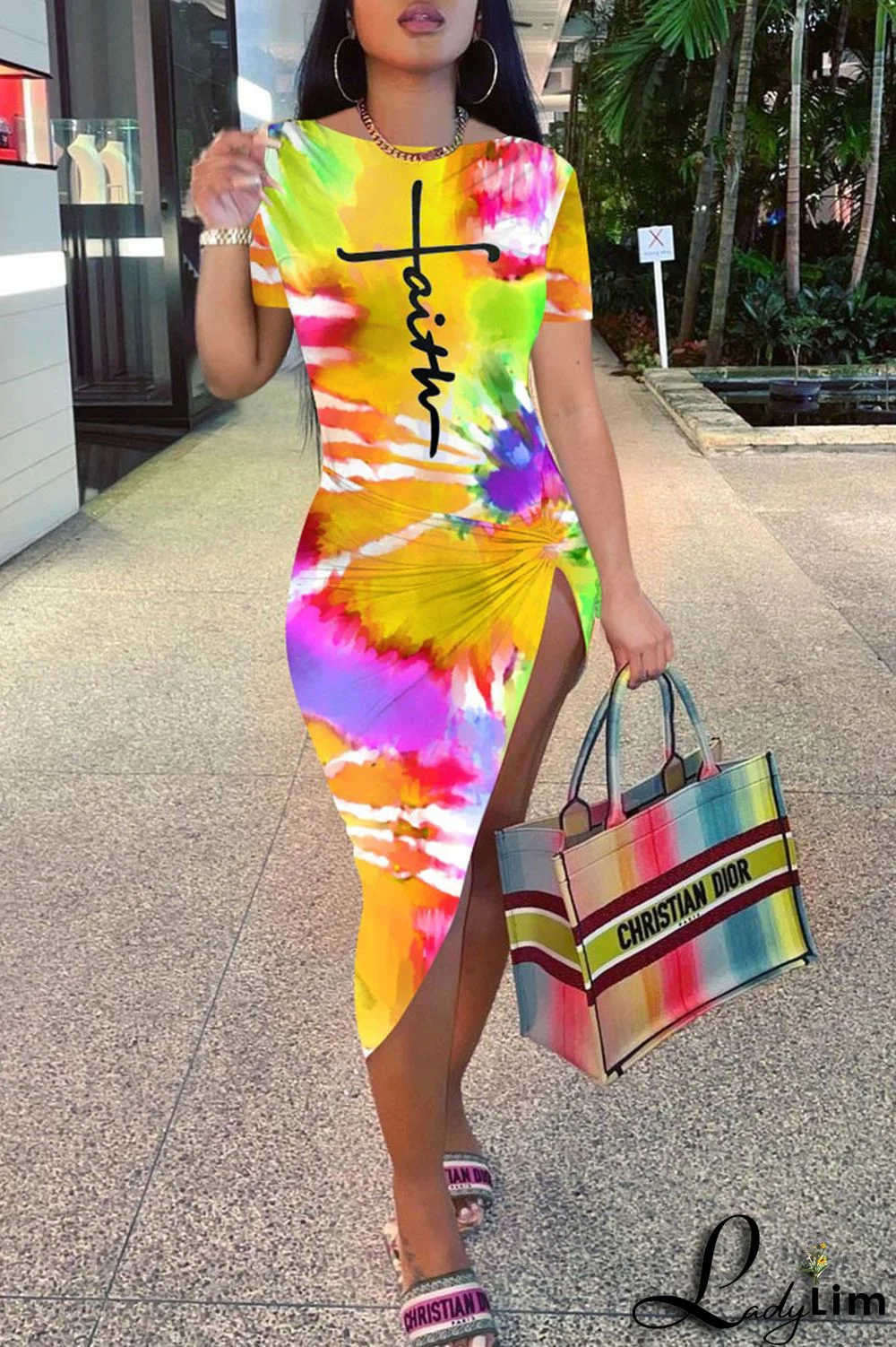 Multicolor Casual Print Split Joint Asymmetrical O Neck Irregular Dress Dresses