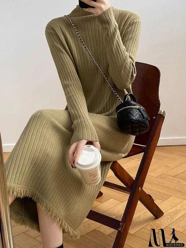 MidiSono - Long Sleeves Loose Fringed Solid Color Mock Neck Midi Dresses Sweater Dresses