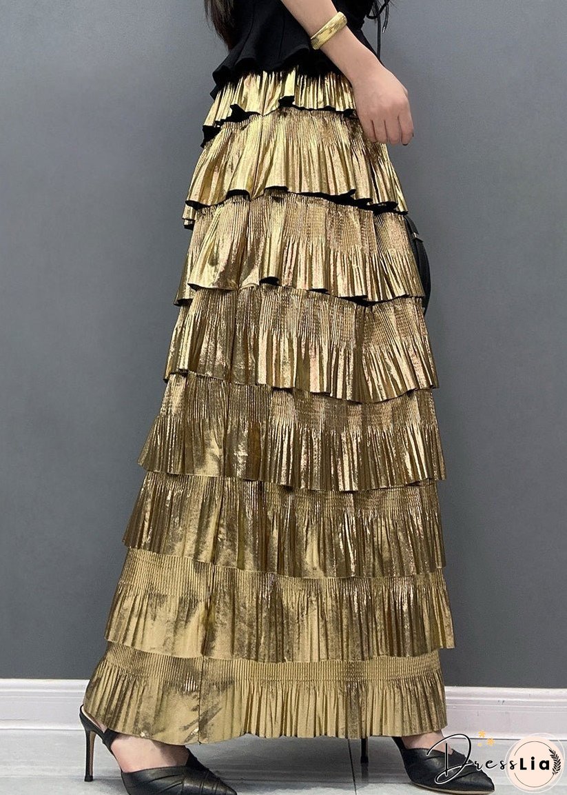 Stylish Gold High Waist Layered Wrinkled Skirts Summer