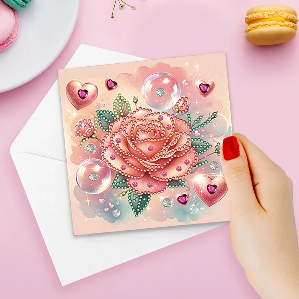 6Pcs Love Rose DIY Diamond Painting Greeting Card 5D Drill Painting Card Kit【With White Envelope】
