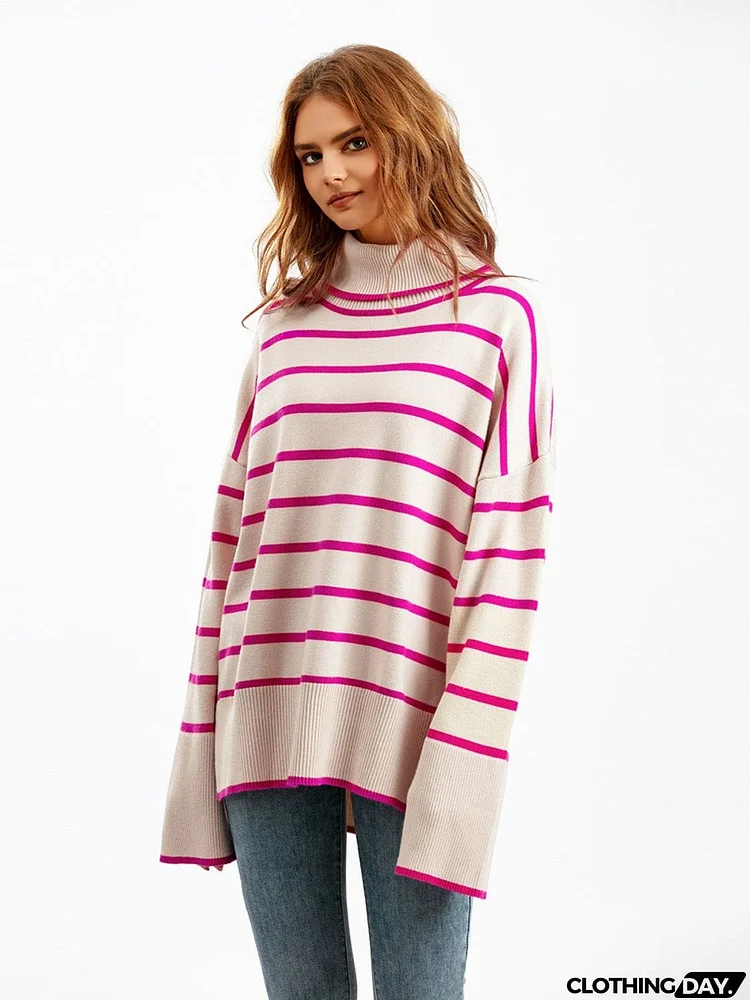 Striped Drop Shoulder Turtleneck Sweater