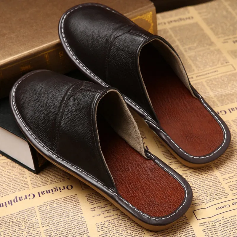 WOTTE Leather Home Slippers for Men Winter Warm Plush Slippers Bedroom Genuine Leather Unisex Men/women House Indoor Shoes