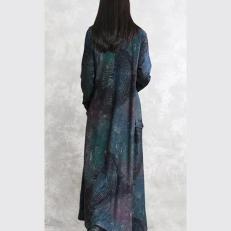 fine blue print fall dress trendy plus size v neck tie waist tunic caftans Fine long sleeve pockets maxi dresses