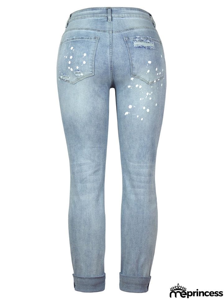 Women's Stretch Wash Effect Ripped Straight-Leg Street Style Jeans