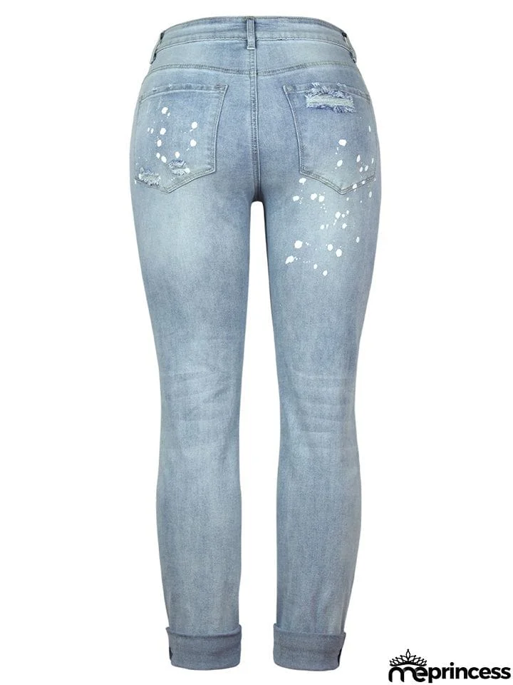 Women's Stretch Wash Effect Ripped Straight-Leg Street Style Jeans