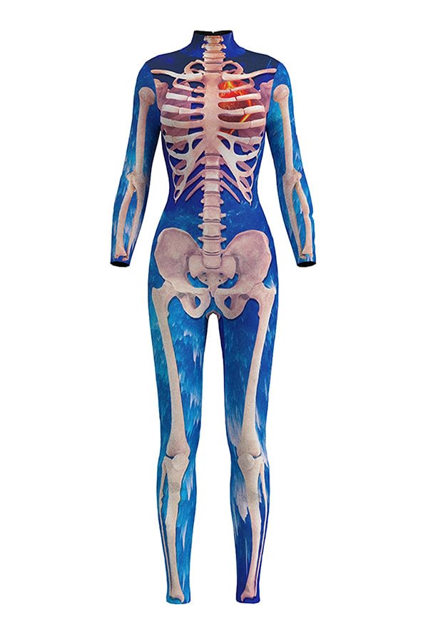 Fancy Full Body Skeleton Bodysuit Adult Halloween Costume Blue-elleschic