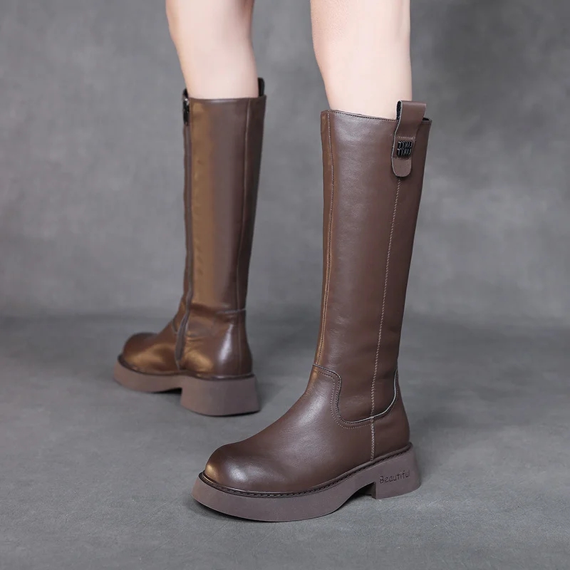 Yyvonne Layer Of Cowhide Long Boots Women Plus Velvet Autumn And Winter New Trend Thick Bottom High Leather Knight Boots Domineering