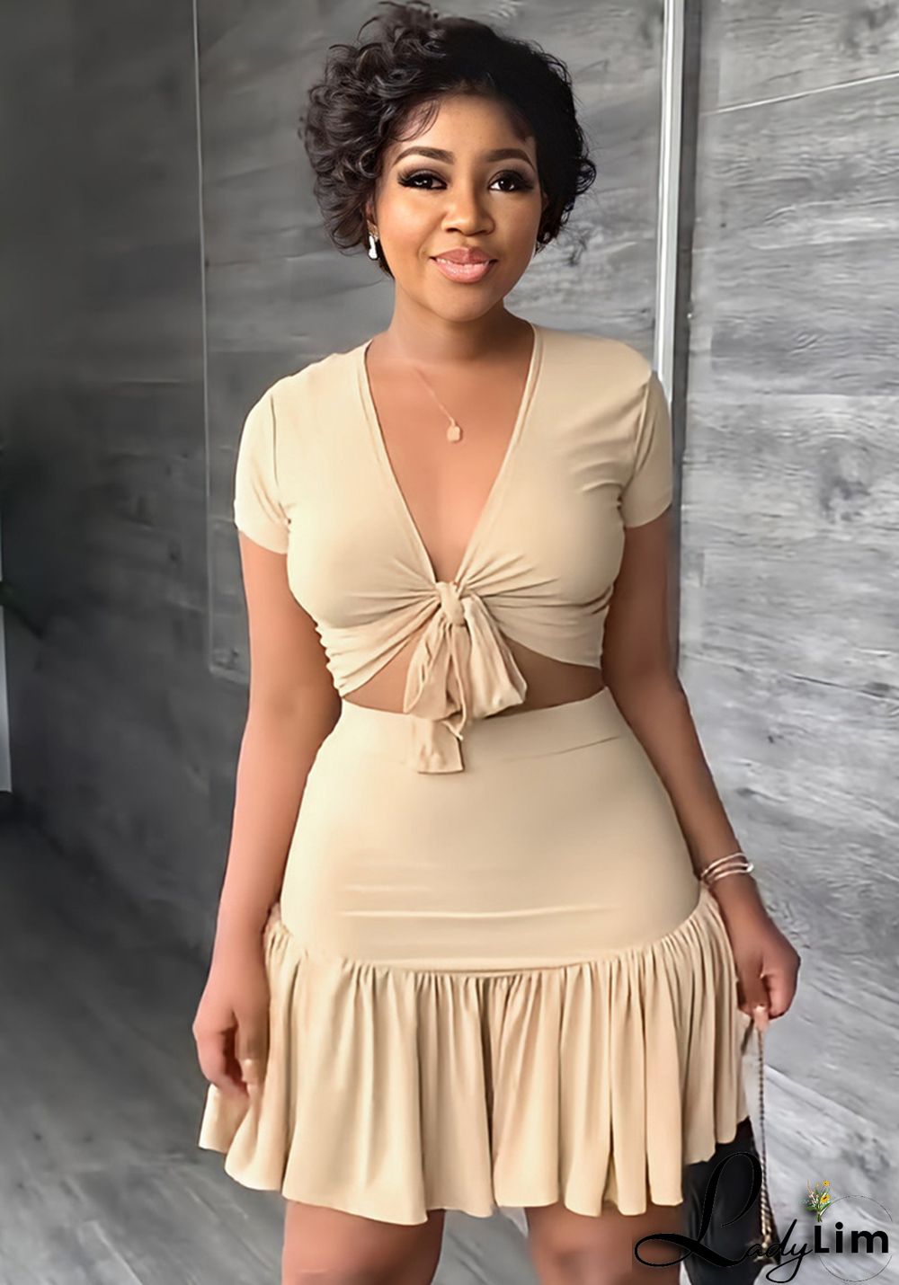 V Neck Short Sleeve Lace-Up T-Shirt Ruffle Skirt Casual Holidays Two-Piece Set