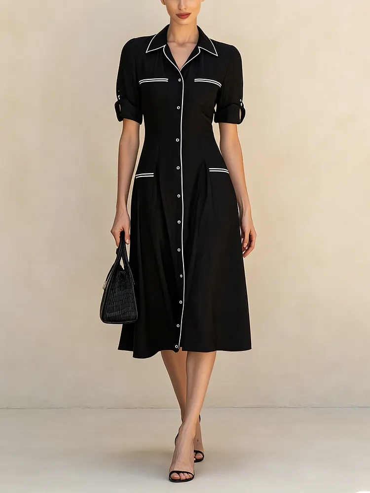 Elegant Black Shirt Dress For Women &ndash; Vintage Button Front Midi Dress With Contrast Trim And Short Sleeves