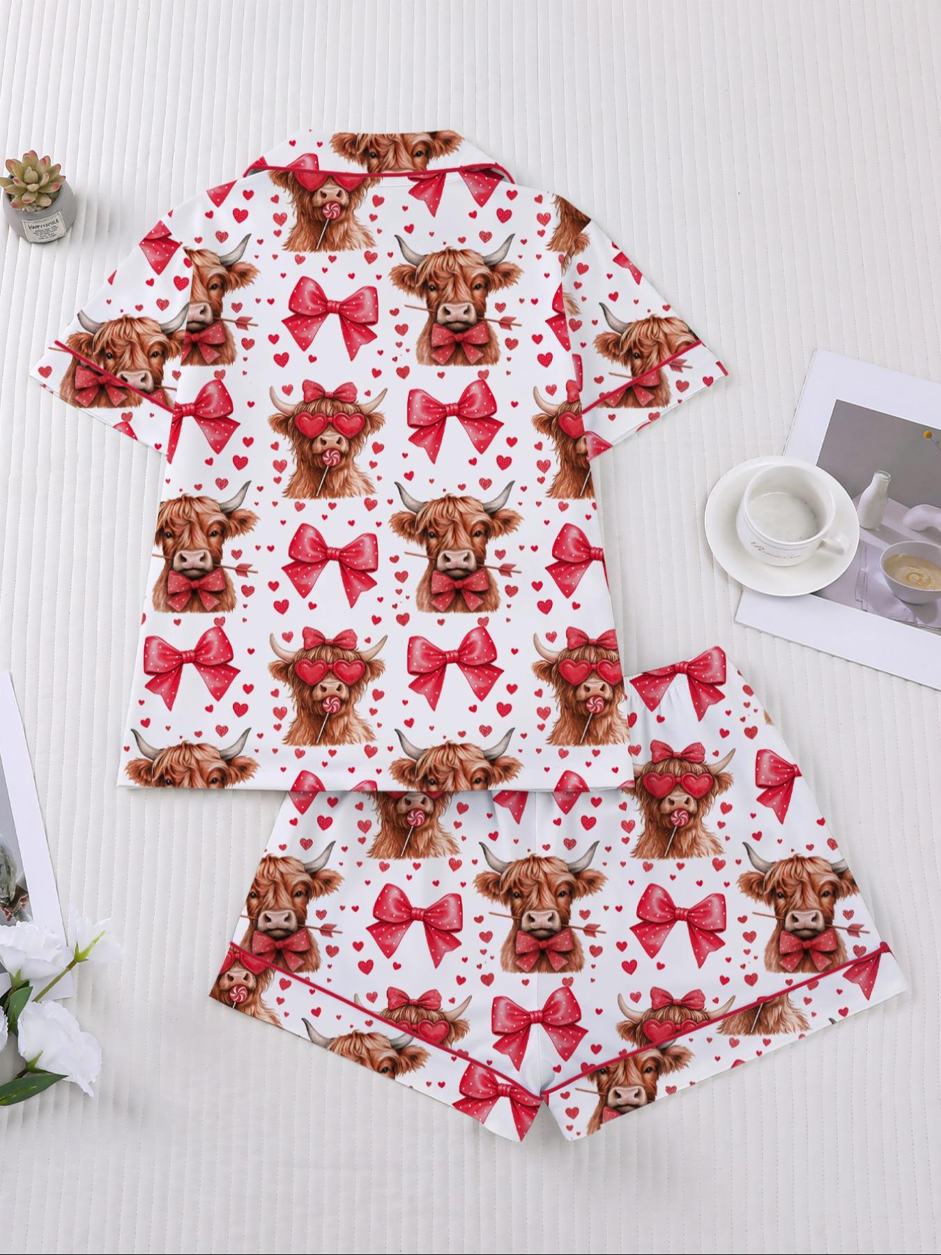 Women's Sleepwear Set, Pajama Set, Pjs, Short Sleeve Button-Up Top & Elastic Shorts, Soft Fitted Design, All-Season Comfortable Homewear, Lady Loungewear, Heart