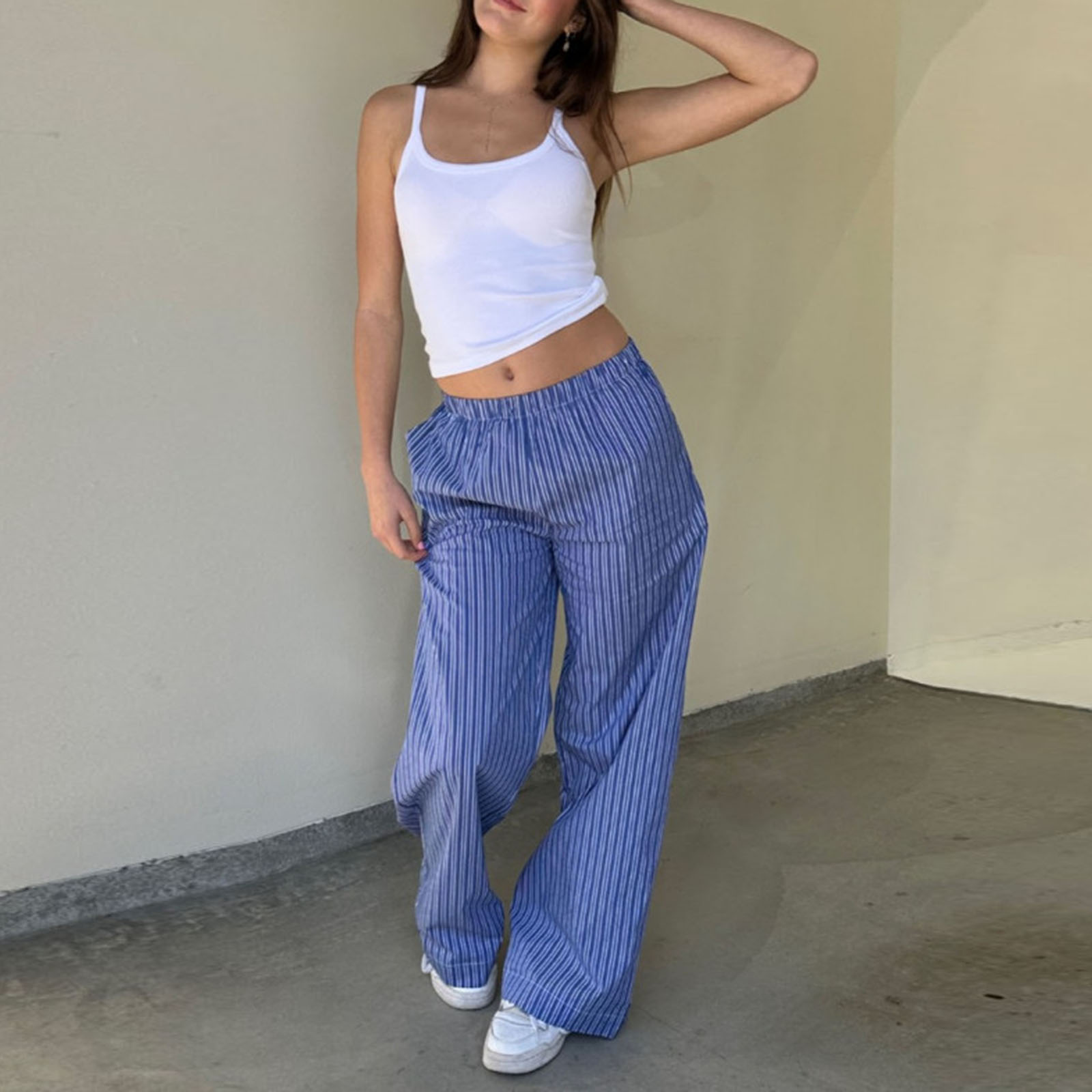 Toneke Women Fashion Wide-Leg Pants Stripe Elastic Waist Loose Trousers Spring Summer Casual Sweatpants Bottoms Streetwear