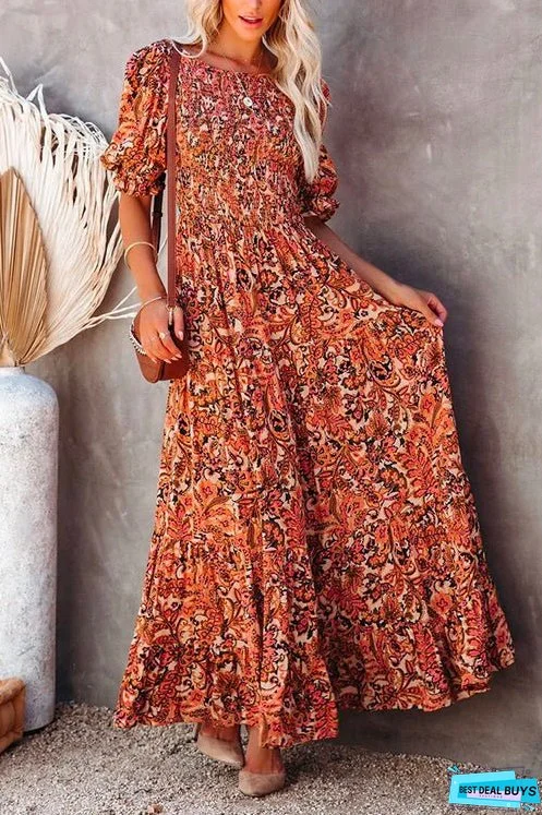 Meridress Half Sleeve Elastic Frilled Waist Swing Printed Dress