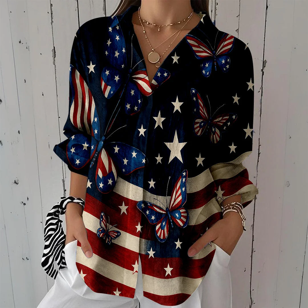 Style & Comfort for Mature Women Women  Independence Day, Star, Striped, Blue, Red DZCL0242 3/4 Sleeve Shirt Collar Printed Button Tops