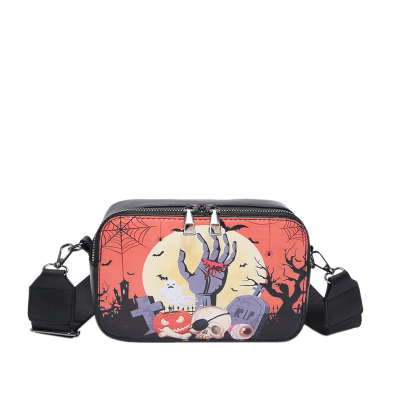 Halloween Women’s Pu Leather Pumpkin Letter Ghost Streetwear Square Zipper Shoulder Bag Crossbody Bag