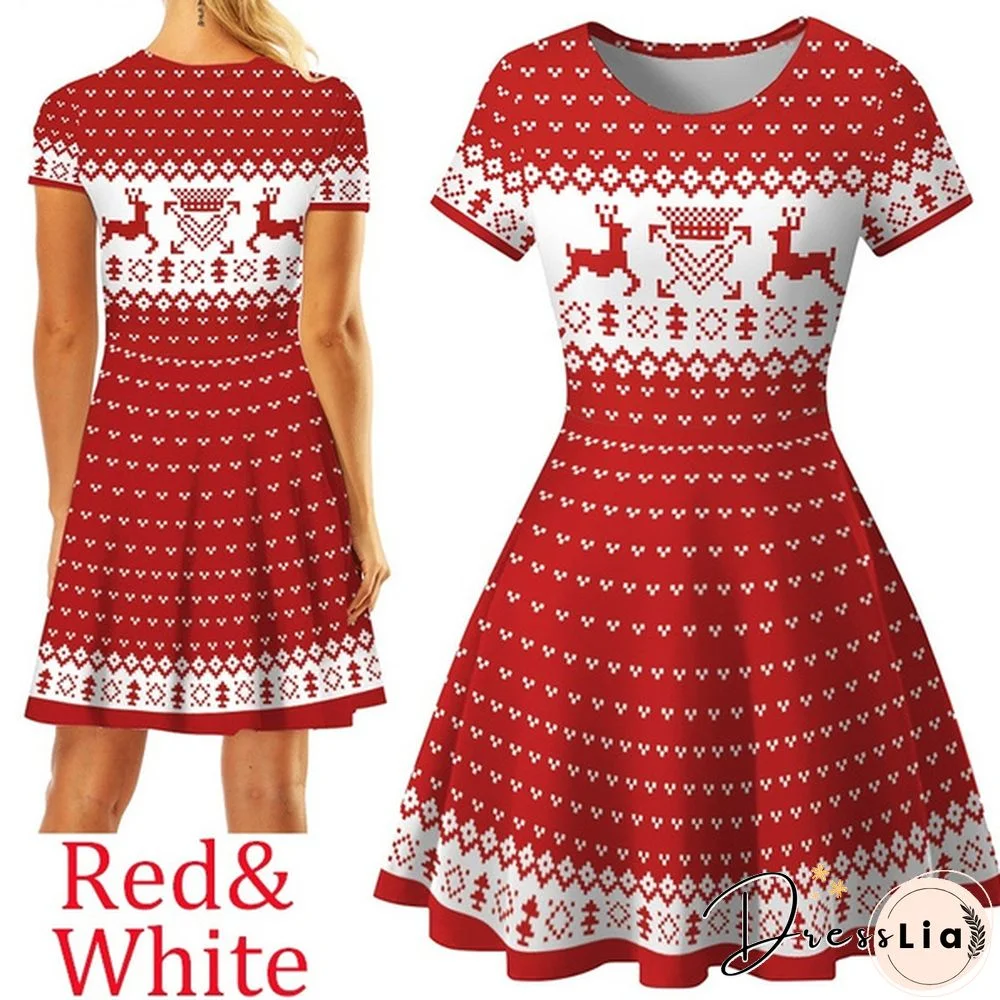 Christmas Deer Elk Snowman Print Short Sleeve Dress Xmas Santa Claus Women Dress
