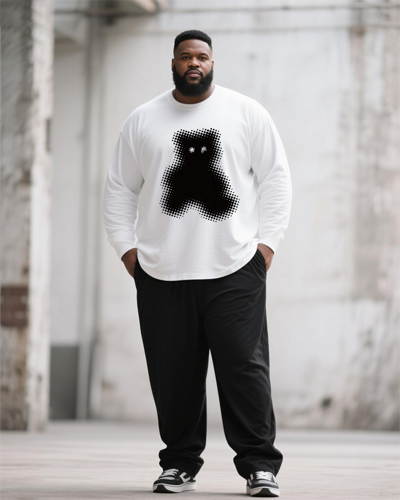 Big & Tall Men's Black And White Geometric Bear Print Long Sleeve T-Shirt Pants Suit