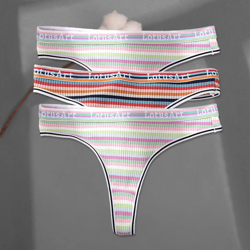 FINETOO 3Pcs/set Women Rainbow Thongs M-XL Cotton Panties Comfortable Striped T-Back Underwear Ladies Soft G-string Lingerie New