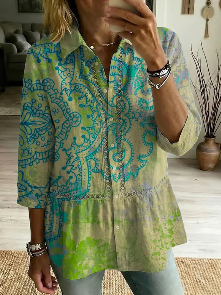 Women's Retro Floral Art Print Casual Lapel Cotton Shirt